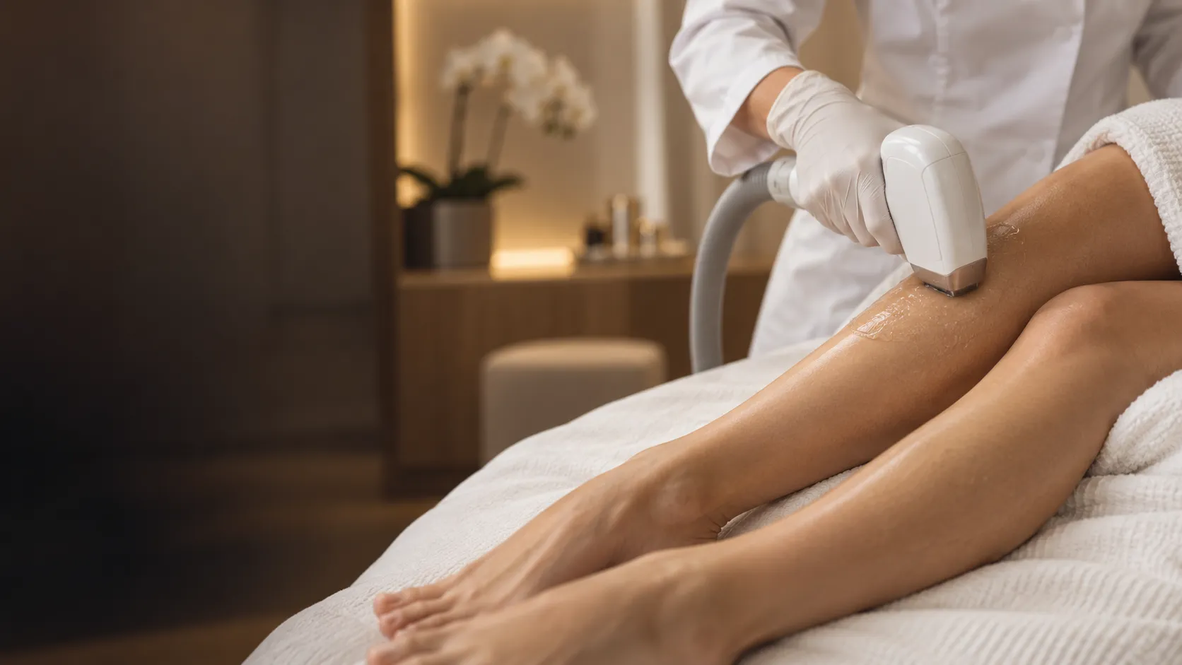 Séance d'épilation laser médicale des jambes dans une cabine de soin à Wavre
