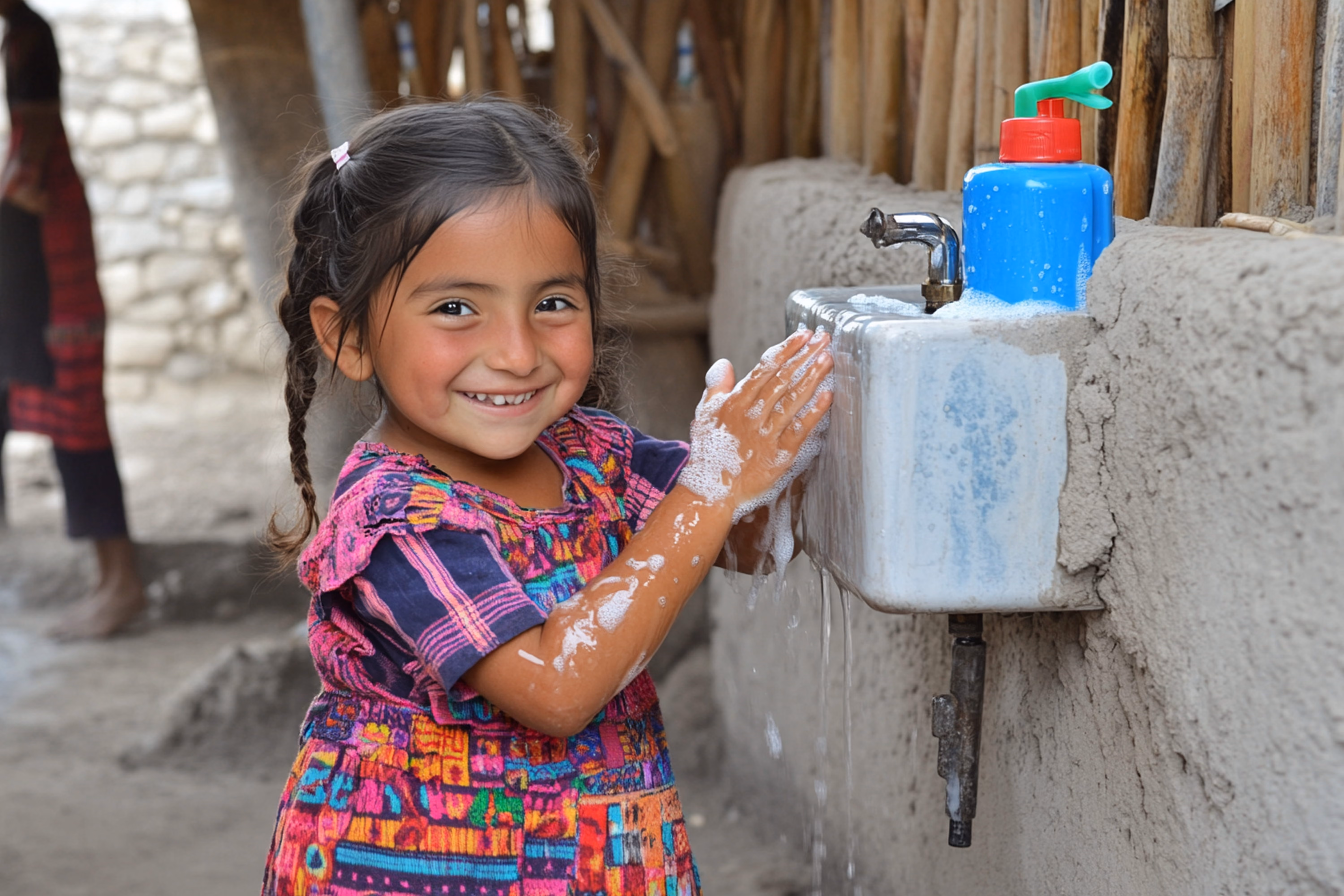 Girl washing her hands at a clean-water station