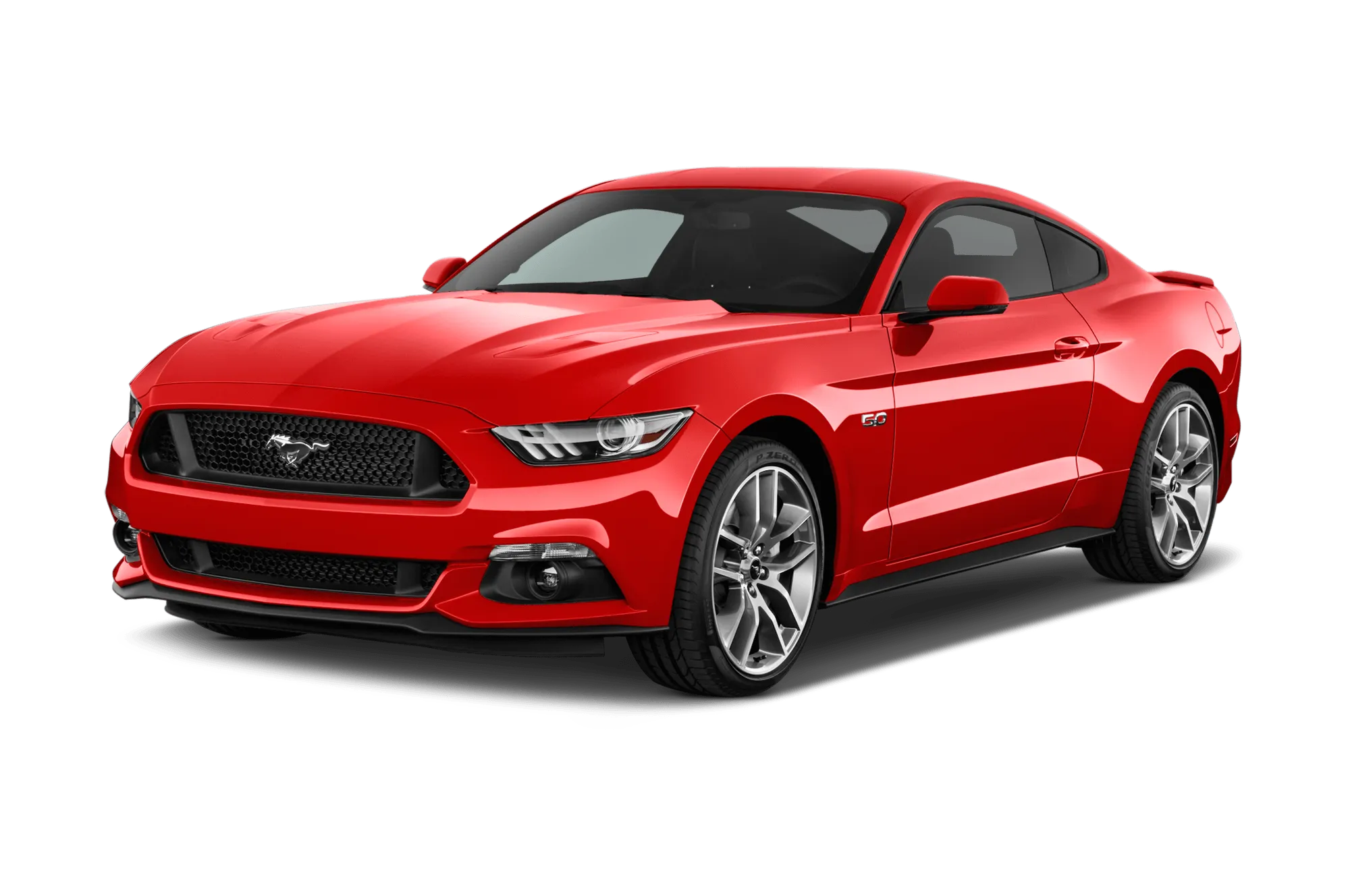 Red Ford Mustang sports car angled view showing front grille and side.