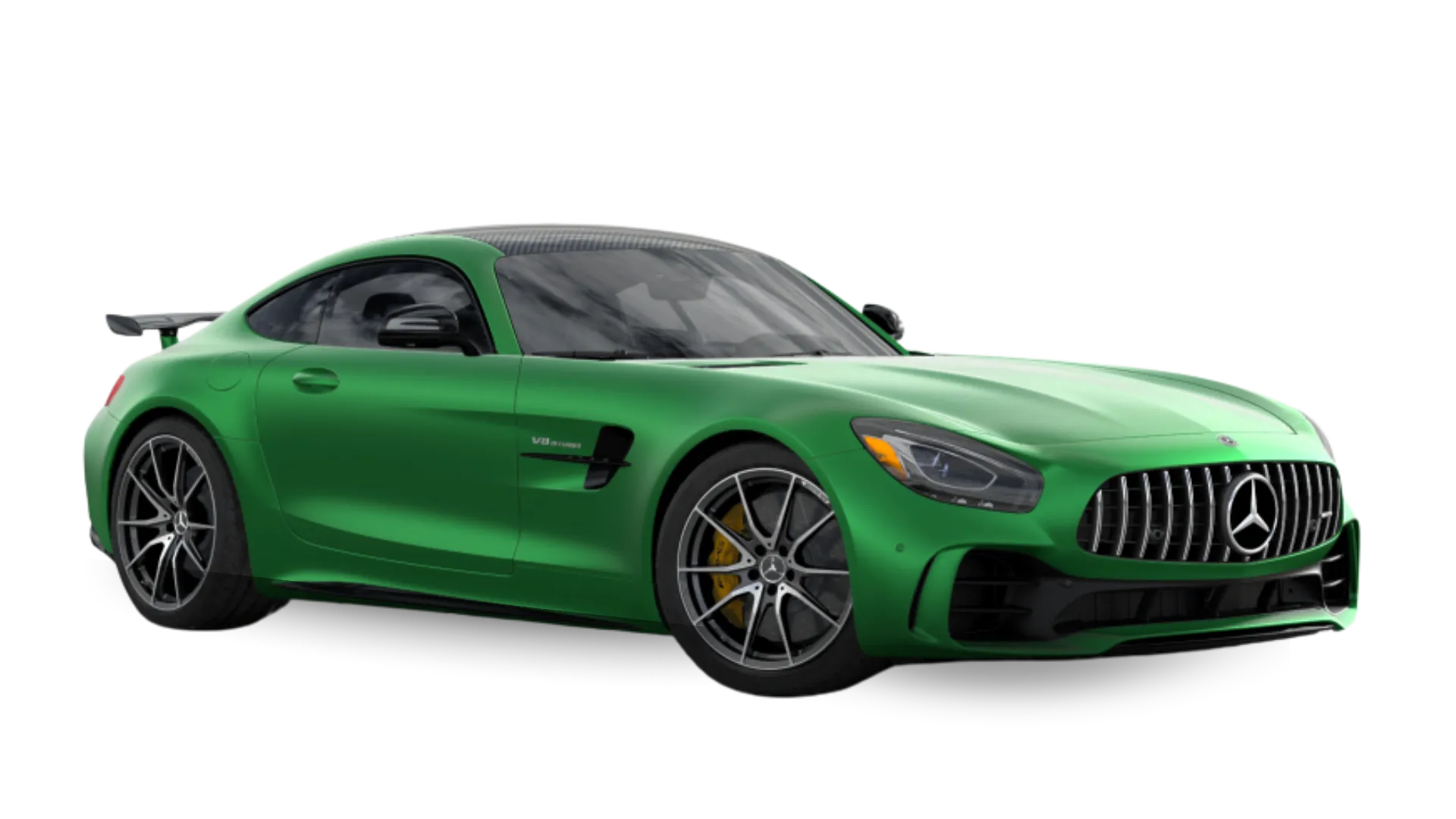 Green Mercedes-AMG GT sports car with black grille and yellow brake calipers.