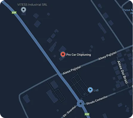 Map showing the location of Pro Car Chiptuning near the intersection of Aleea Pajistei and Str Soarelui with nearby landmarks including Lidl and VITESS Industrial SRL.