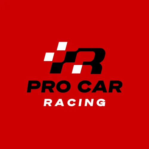 Black and white stylized racing logo with checkered flag elements and text 'PRO CAR RACING' on red background.