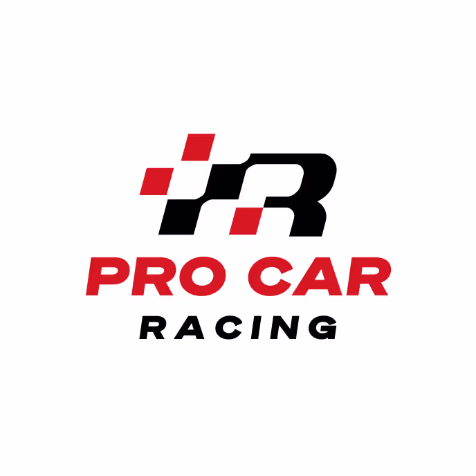 Pro Car Racing logo featuring a stylized black and red letter R with checkered flag elements above bold red text 'PRO CAR' and black text 'RACING' below.