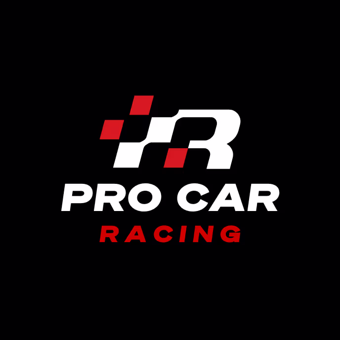 Pro Car Racing logo with stylized white and red 'R' and racing flag elements on black background.