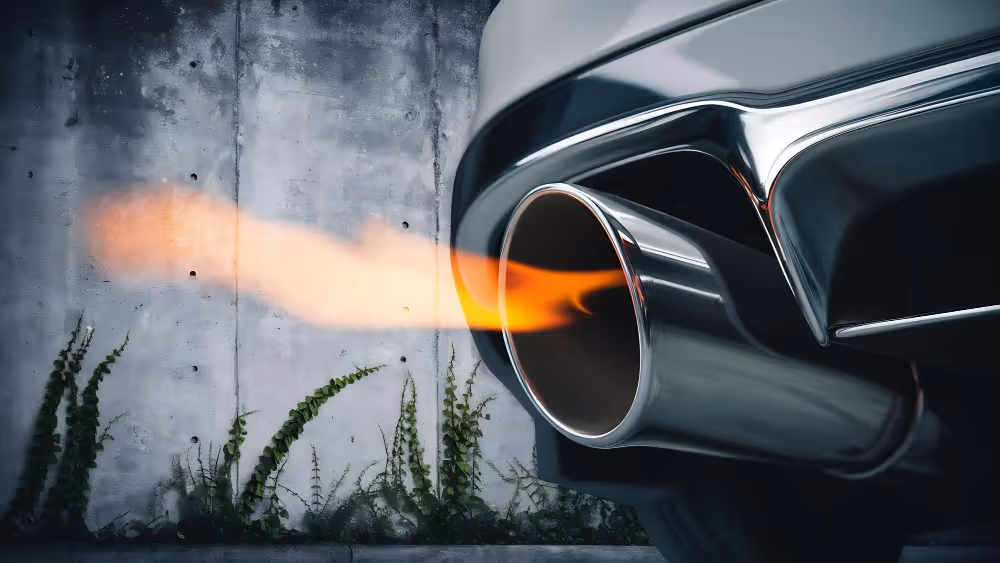 Close-up of a car's exhaust pipe with a burst of orange flame coming out against a concrete wall background.