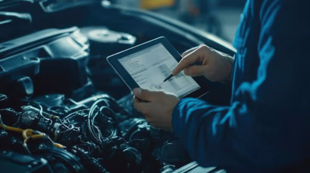 Mechanic using a tablet to diagnose a car engine with digital tools.