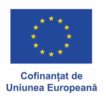 European Union flag with a circle of twelve yellow stars on blue background and text below in Romanian reading 'Cofinanțat de Uniunea Europeană'.