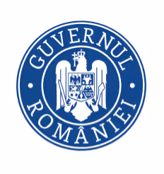 Seal of the Romanian Government featuring an eagle holding a cross and a shield with regional symbols inside a blue circular border with the text 'Guvernul României'.