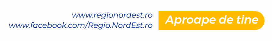 Text showing website www.regionordest.ro and Facebook page www.facebook.com/Regio.NordEst.ro with a yellow rounded rectangle containing the phrase Aproape de tine in italic.