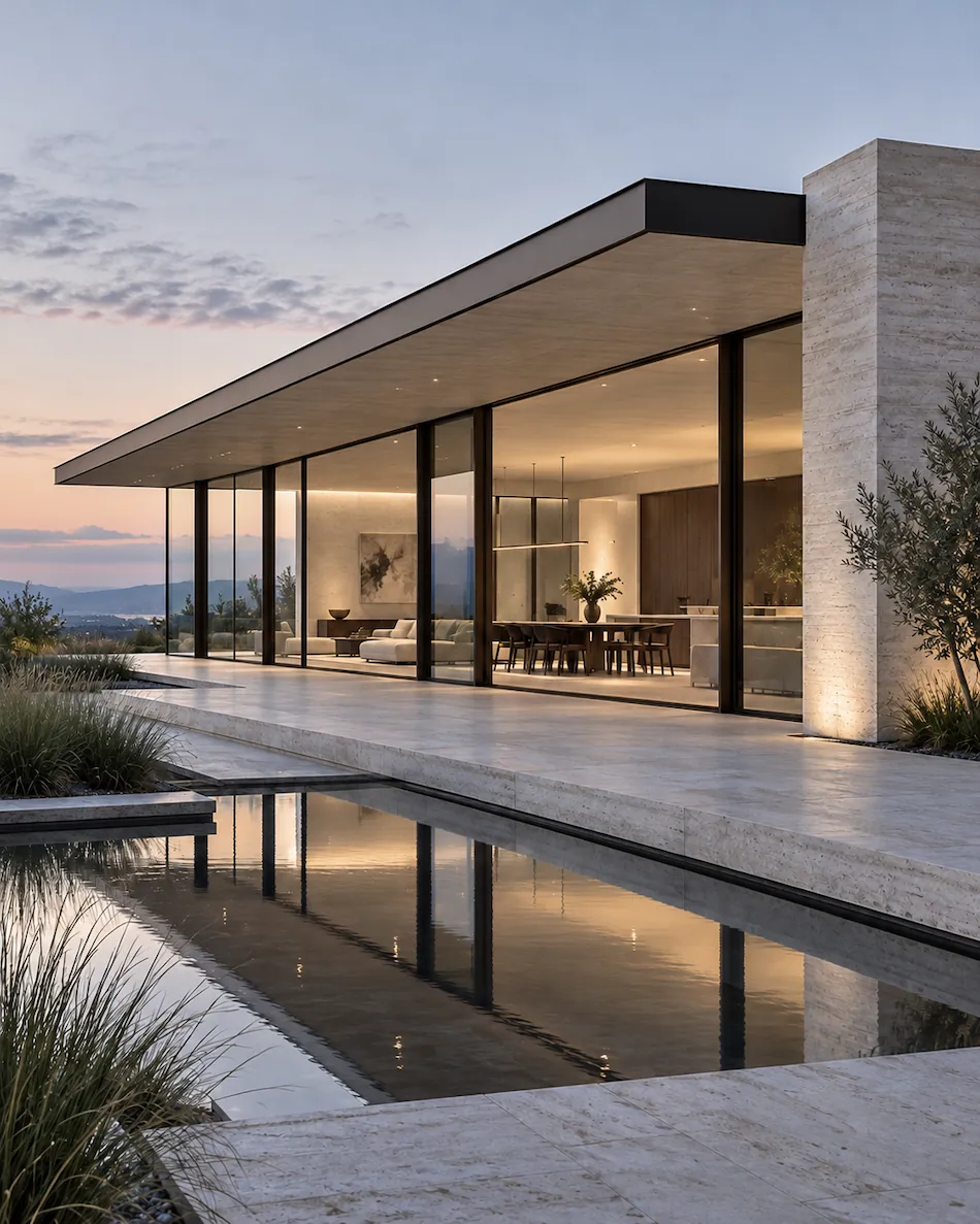 Modern pavilion with floor-to-ceiling glass walls overlooking a rectangular reflective pool at dusk, featuring an outdoor patio with stone flooring and visible interior dining and living areas warmly lit.