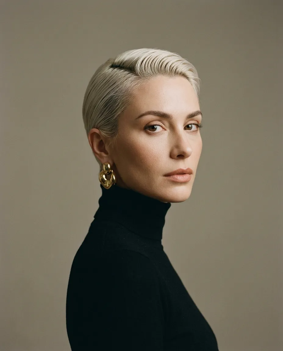 Portrait of a woman with short platinum blonde hair styled back, wearing a black turtleneck and gold hoop earrings, against a plain beige background.