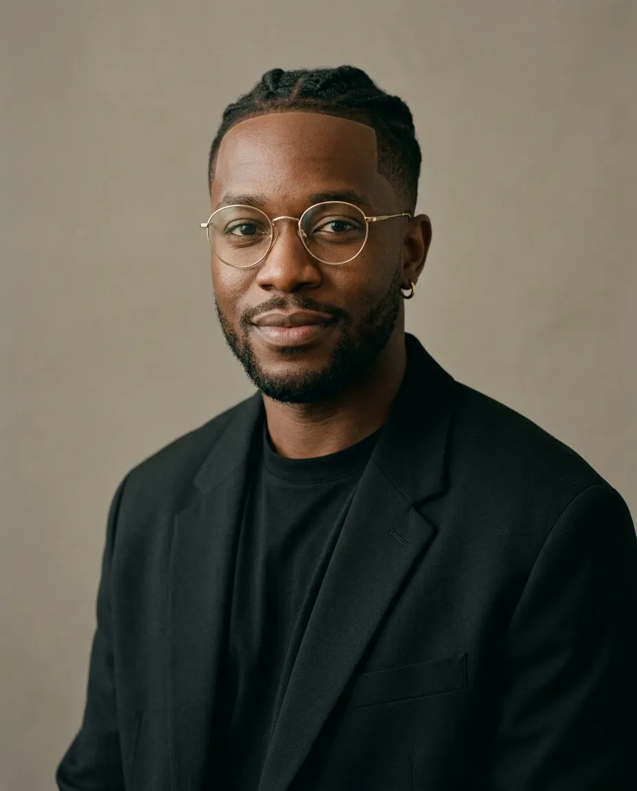 Portrait of a smiling Black man with braided hair and a beard, wearing round glasses, a black shirt, and a black blazer against a plain beige background.