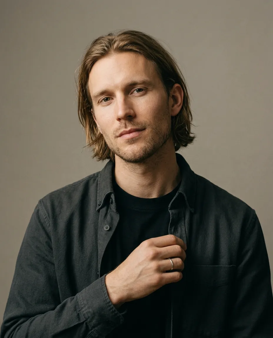 Portrait of a man with shoulder-length light brown hair and light facial stubble wearing a dark shirt over a black t-shirt, with a neutral background, looking slightly to the side while holding part of his shirt collar.