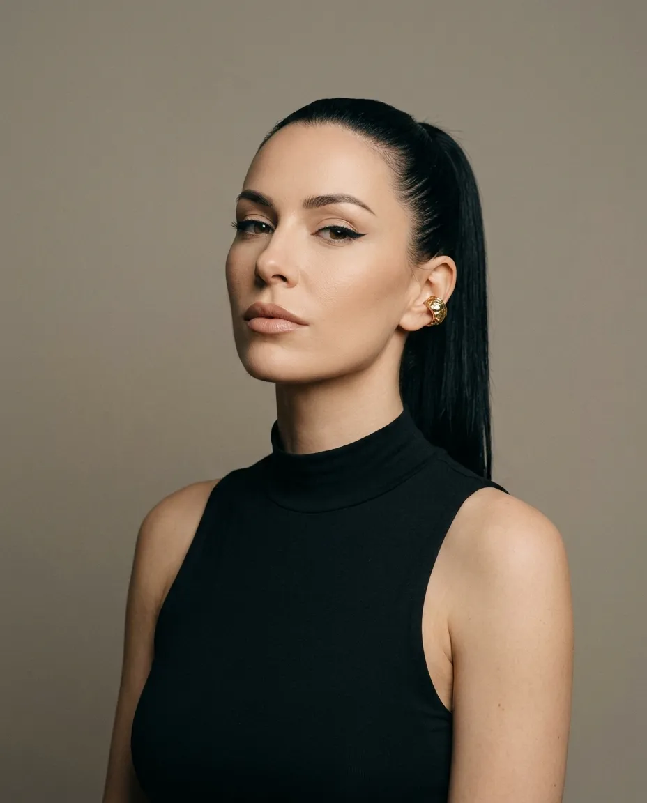 Portrait of a confident woman with sleek black hair tied back in a high ponytail, wearing a sleeveless black turtleneck and bold gold earrings against a plain beige background.