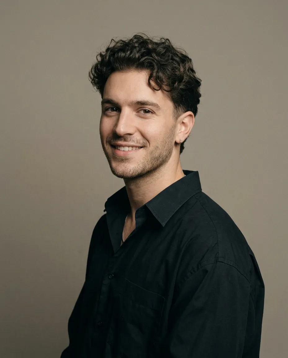 Portrait of a smiling young man with curly dark hair, light facial hair, wearing a black shirt and a small hoop earring, against a plain beige background.