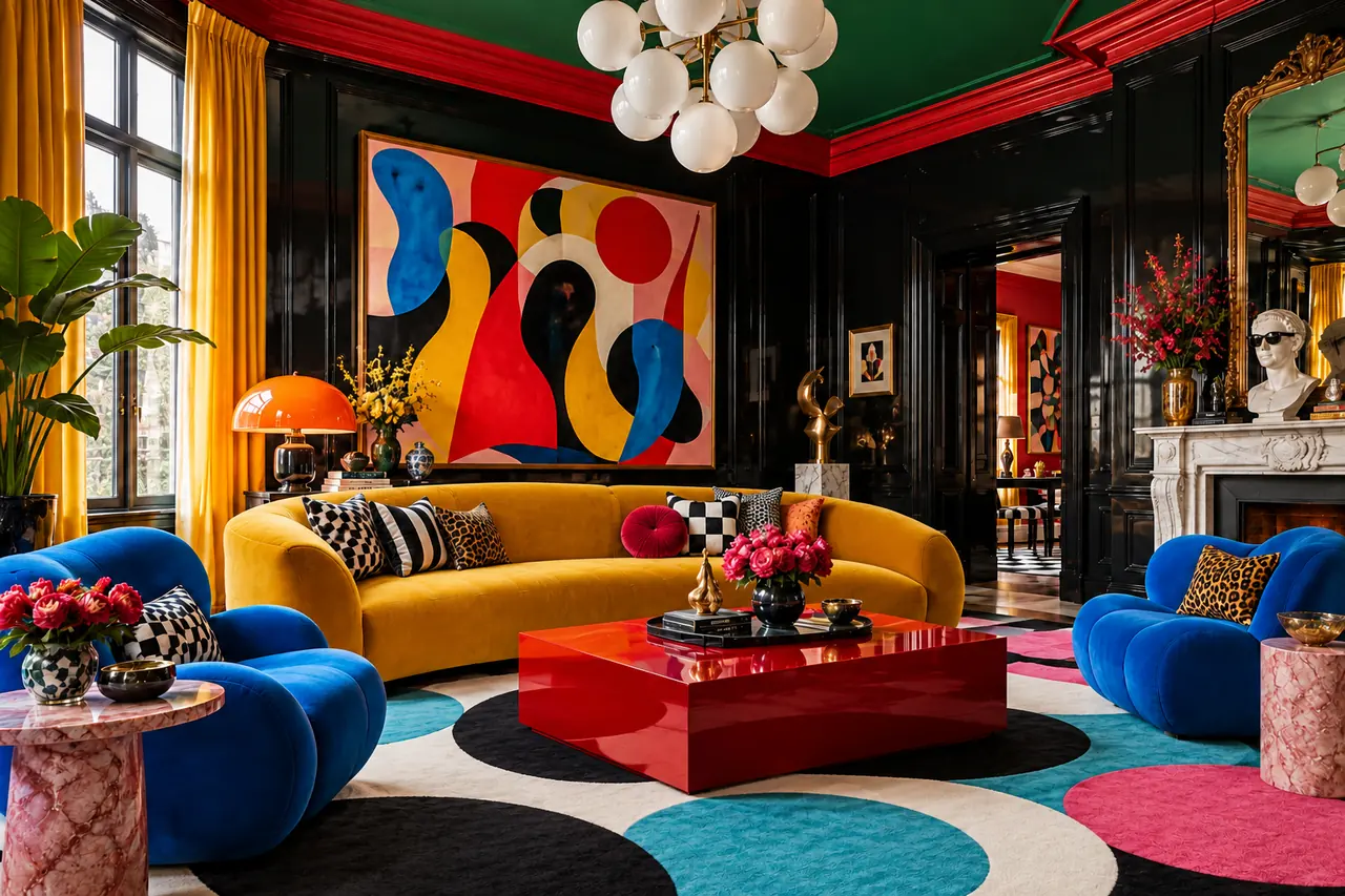 Vibrant living room with a large mustard yellow curved sofa and two bright blue rounded armchairs around a glossy red square coffee table, on a multicolored circular patterned rug. The room features black paneled walls, a green ceiling with red crown molding, large windows with yellow curtains, an abstract colorful wall painting, and decorative accents including a white marble fireplace, gold sculpture, and floral arrangements.