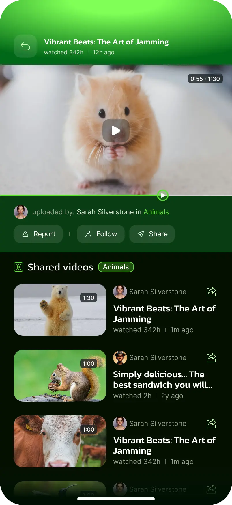 Watching a video with report, follow and share options