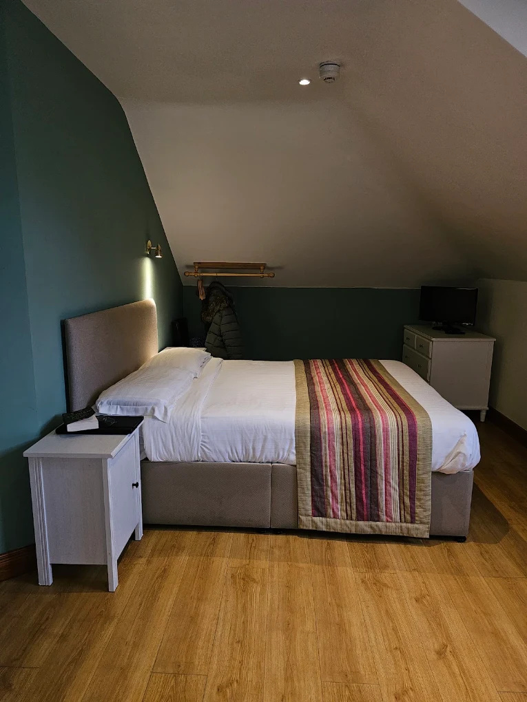 Bedroom with a beige upholstered bed topped with white linens and a striped bed runner, a white nightstand with a book and remote, dark green walls, wooden floor, a coat hanging on a wall rack, and a white dresser with a small TV underneath a slanted ceiling.