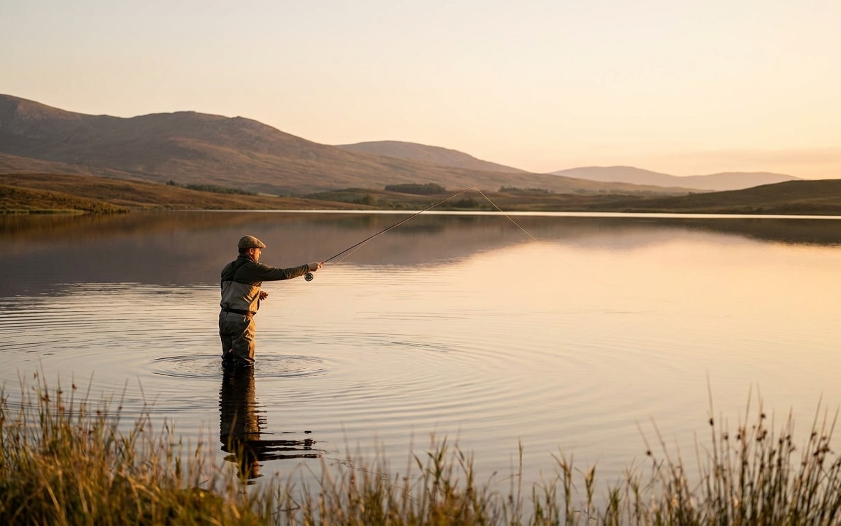 Person fly fishing in a calm lake at sunset, surrounded by hills and grassy banks, with a fishing rod casting a line across the water.