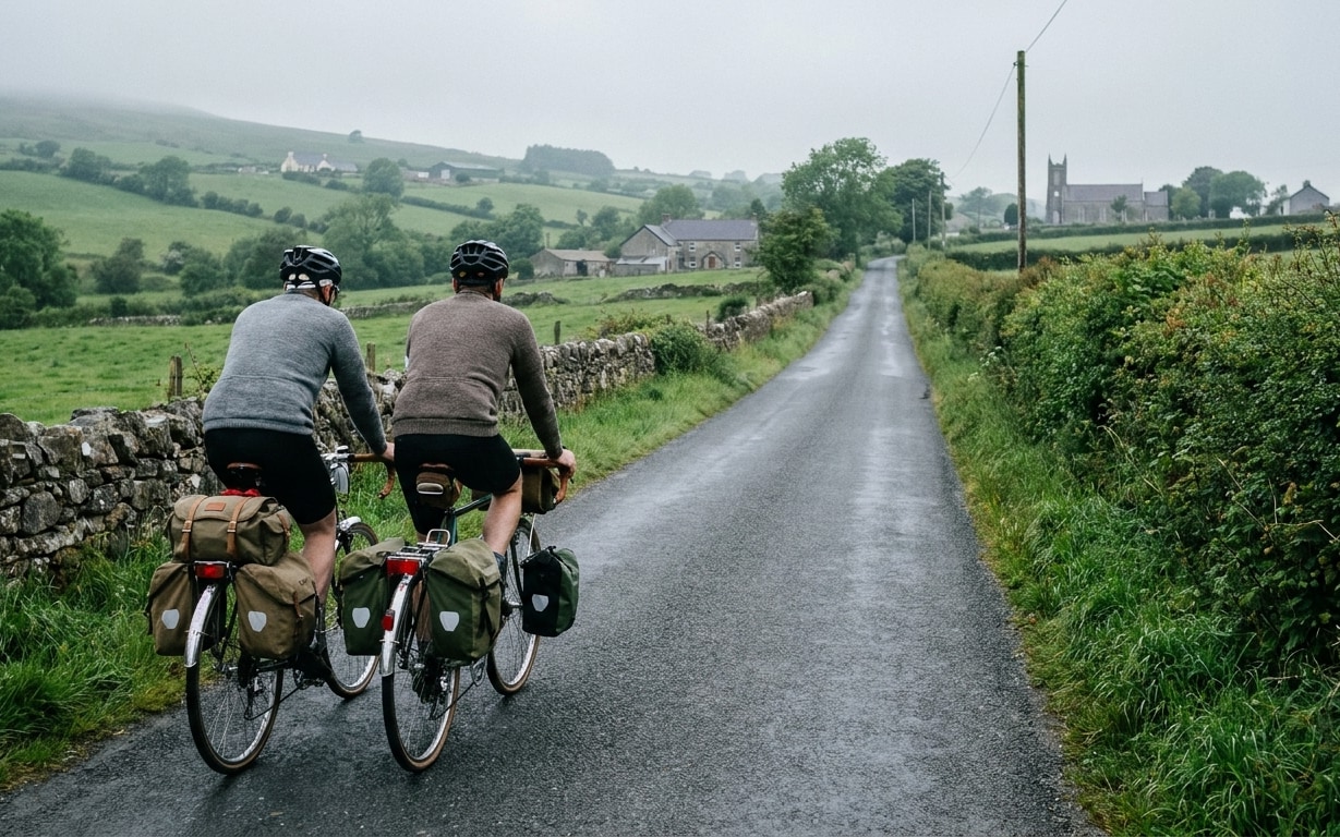 Two cyclists wearing helmets and sweaters ride on a narrow wet country road with stone walls and green fields on either side, heading toward a village with a church in the misty distance.