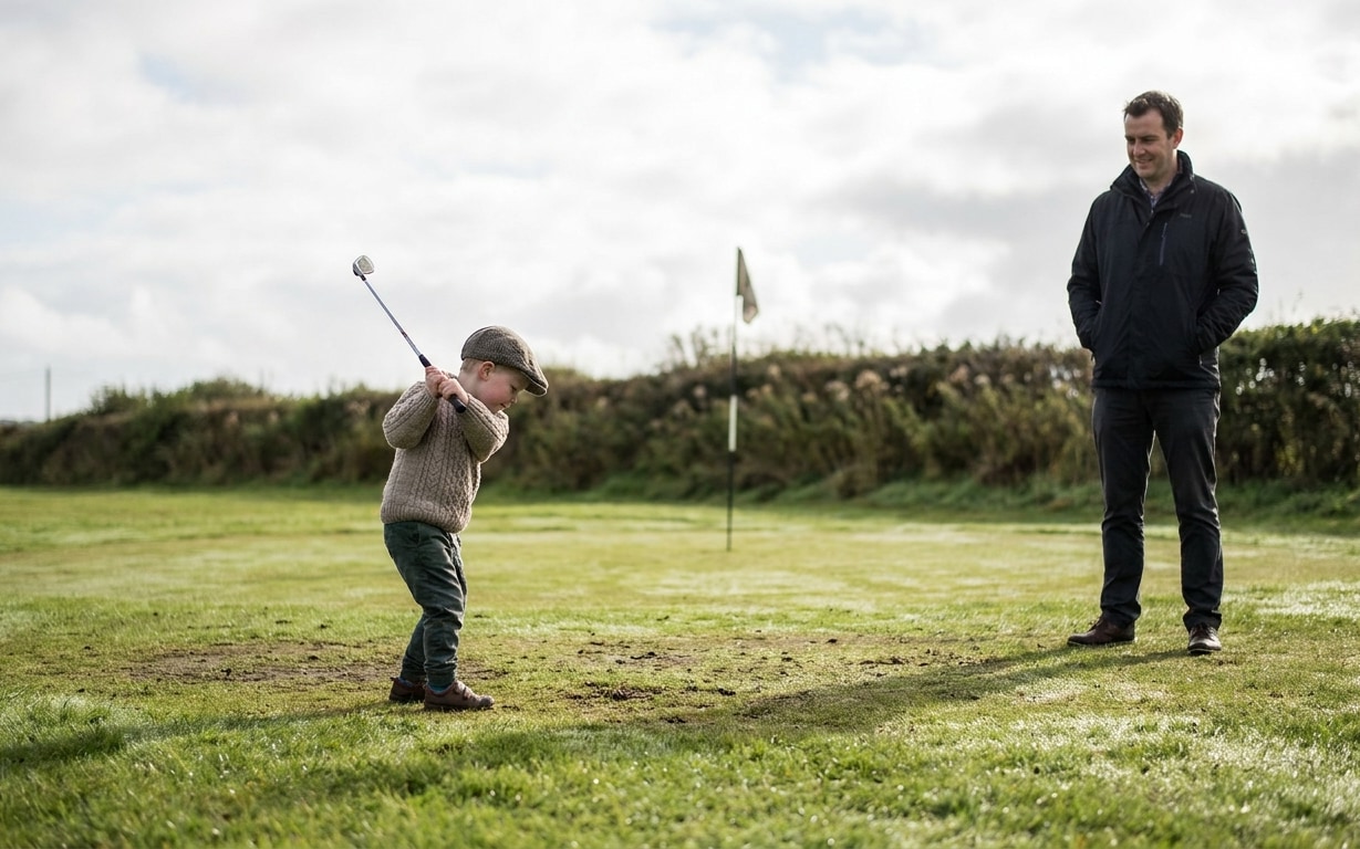 A young child wearing a flat cap and sweater practicing a golf swing on a grassy golf course while an adult man watches and smiles nearby.