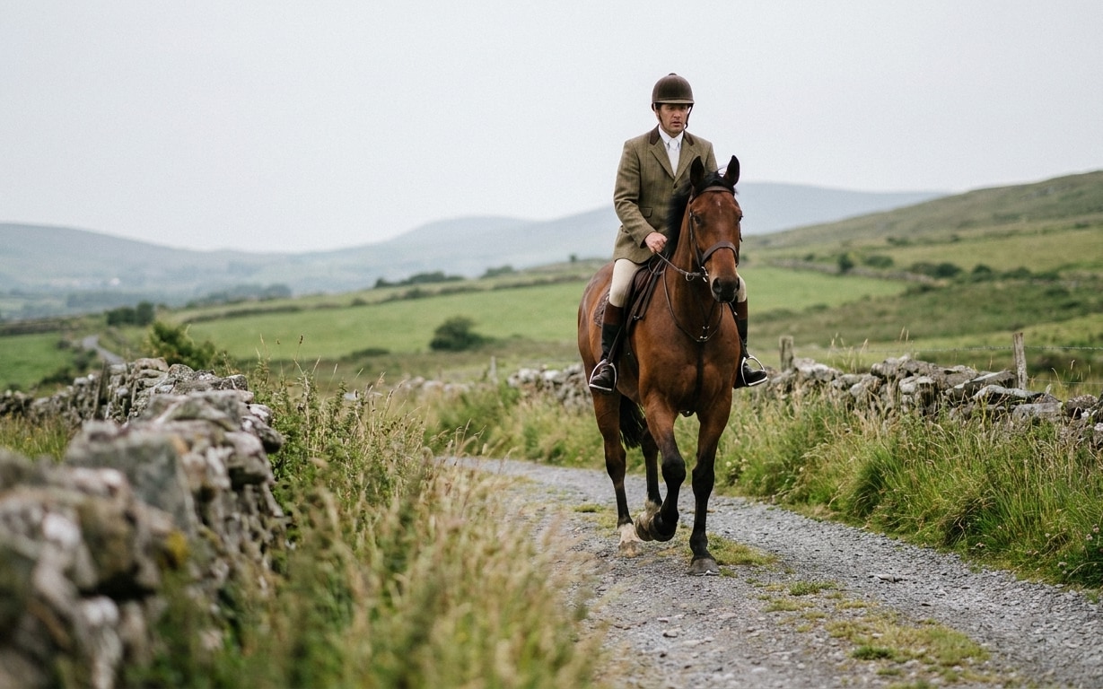Man dressed in traditional equestrian attire riding a brown horse on a narrow gravel path bordered by stone walls and grassy countryside hills under a cloudy sky.