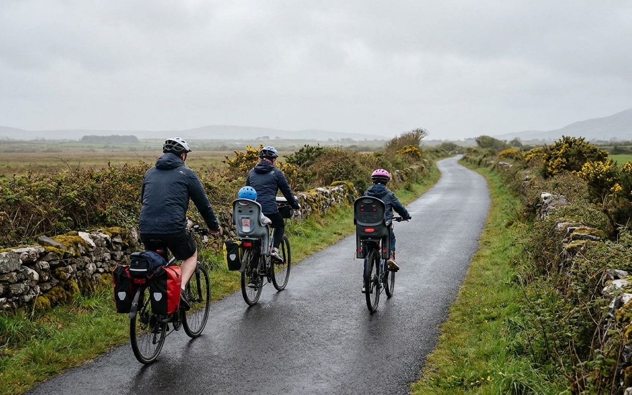 Four people cycling on a narrow wet road in a rural area with stone walls and green bushes on both sides under a cloudy sky; two adults and two children, the children wearing helmets and seated in child bike seats.