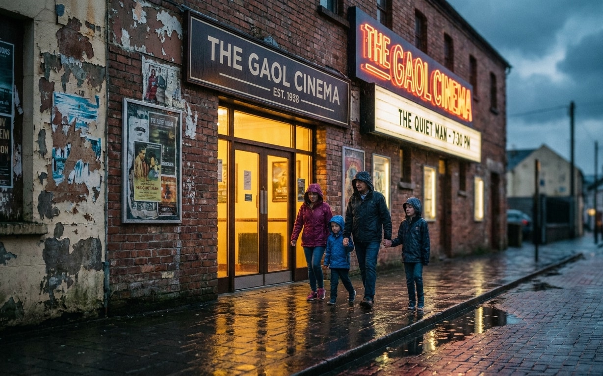 A family of four wearing rain jackets and hoods walks on a wet sidewalk outside The Gaol Cinema at dusk, with its illuminated neon sign and warm light from the entrance reflecting on the ground.
