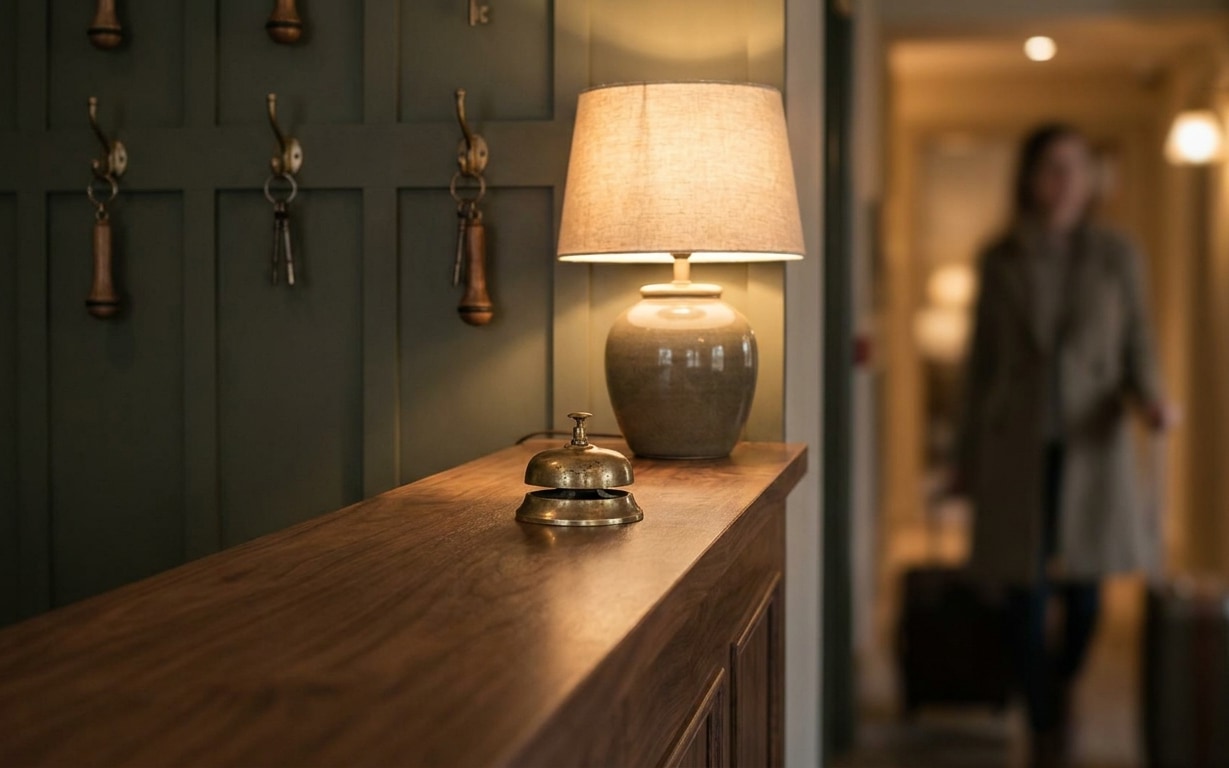 Wooden hotel reception desk with a vintage brass service bell and a ceramic lamp with a beige shade, a blurred figure in a coat pulling suitcases is seen in the background hallway.