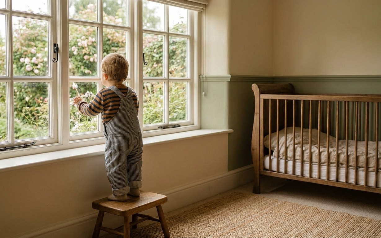 A toddler wearing striped overalls and a striped shirt stands on a small wooden stool, looking out a large window with white frames at a garden with pink flowers. To the right, there is a wooden crib with beige bedding and a green half-painted wall.