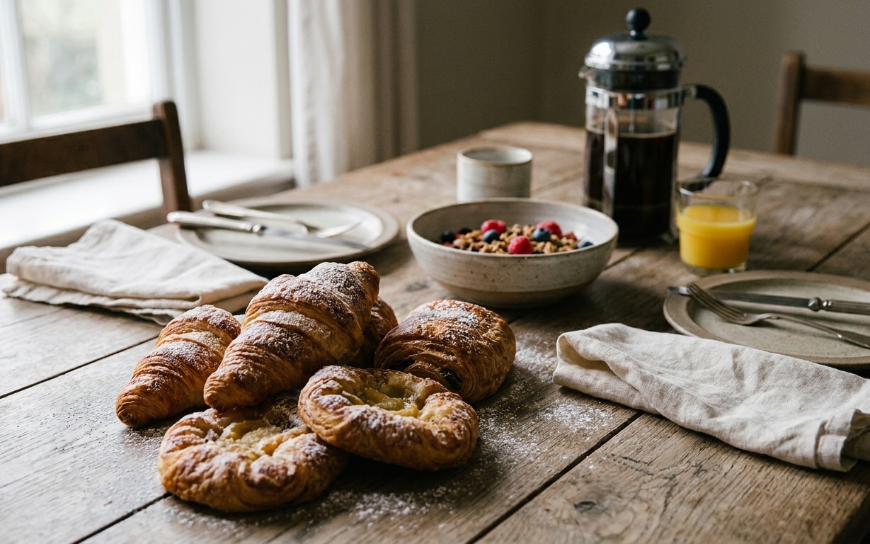 Rustic wooden table set with assorted pastries dusted with powdered sugar, a bowl of granola with berries, a glass of orange juice, a French press with coffee, two empty plates with cutlery, and folded cloth napkins near a window.