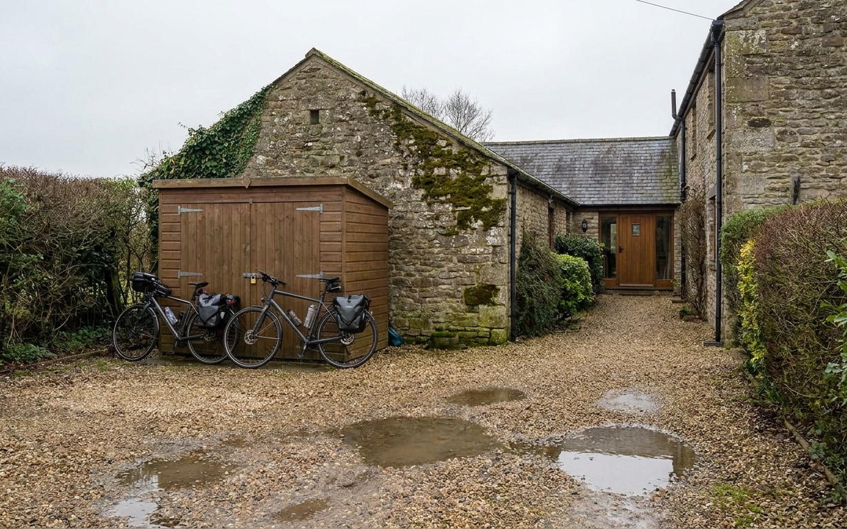 Gravel driveway with puddles leading to stone building with wooden shed on the left and two touring bicycles leaning against the shed, surrounded by trimmed bushes.