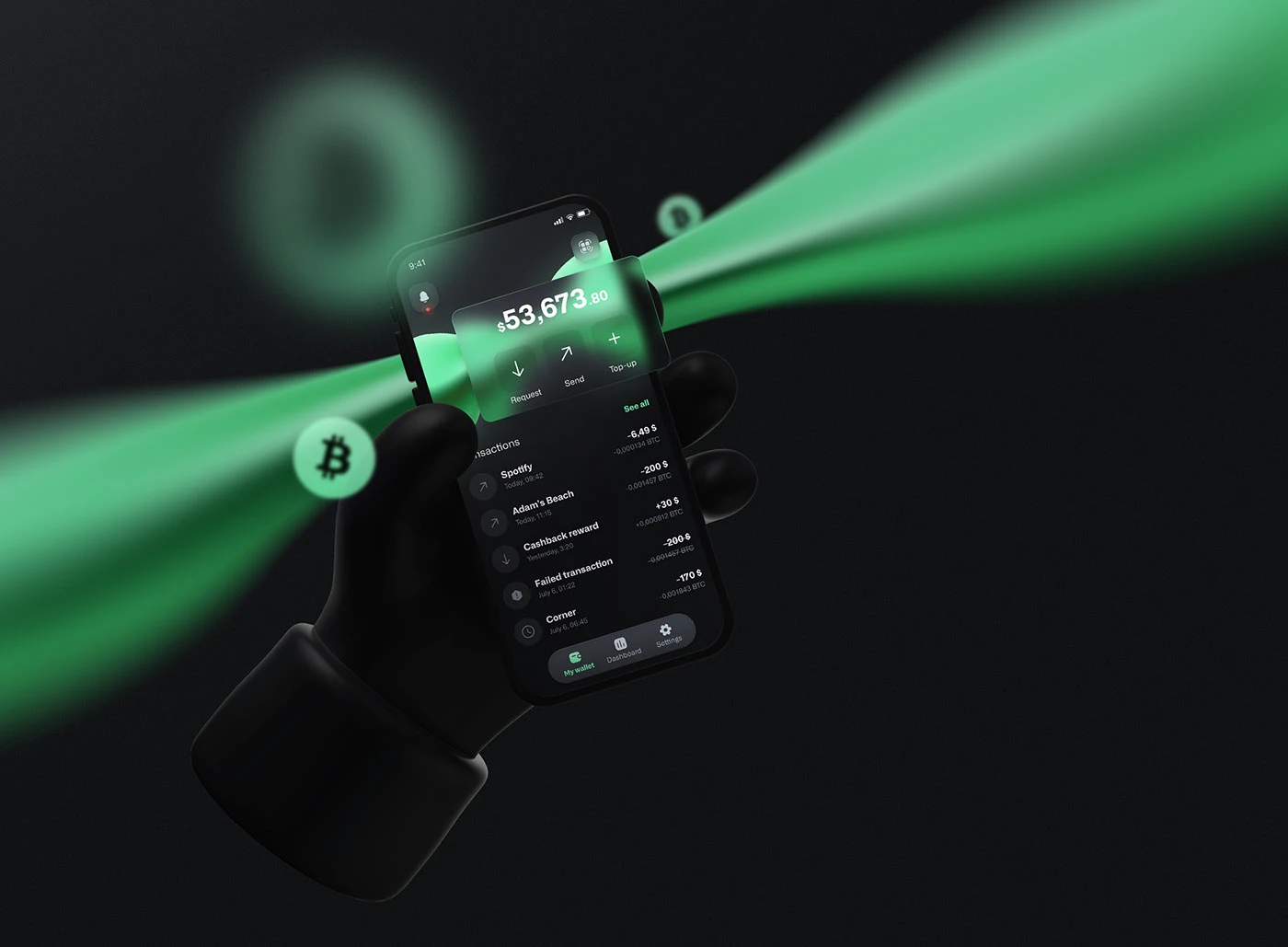 Dark mobile crypto wallet interface designed for Dakai