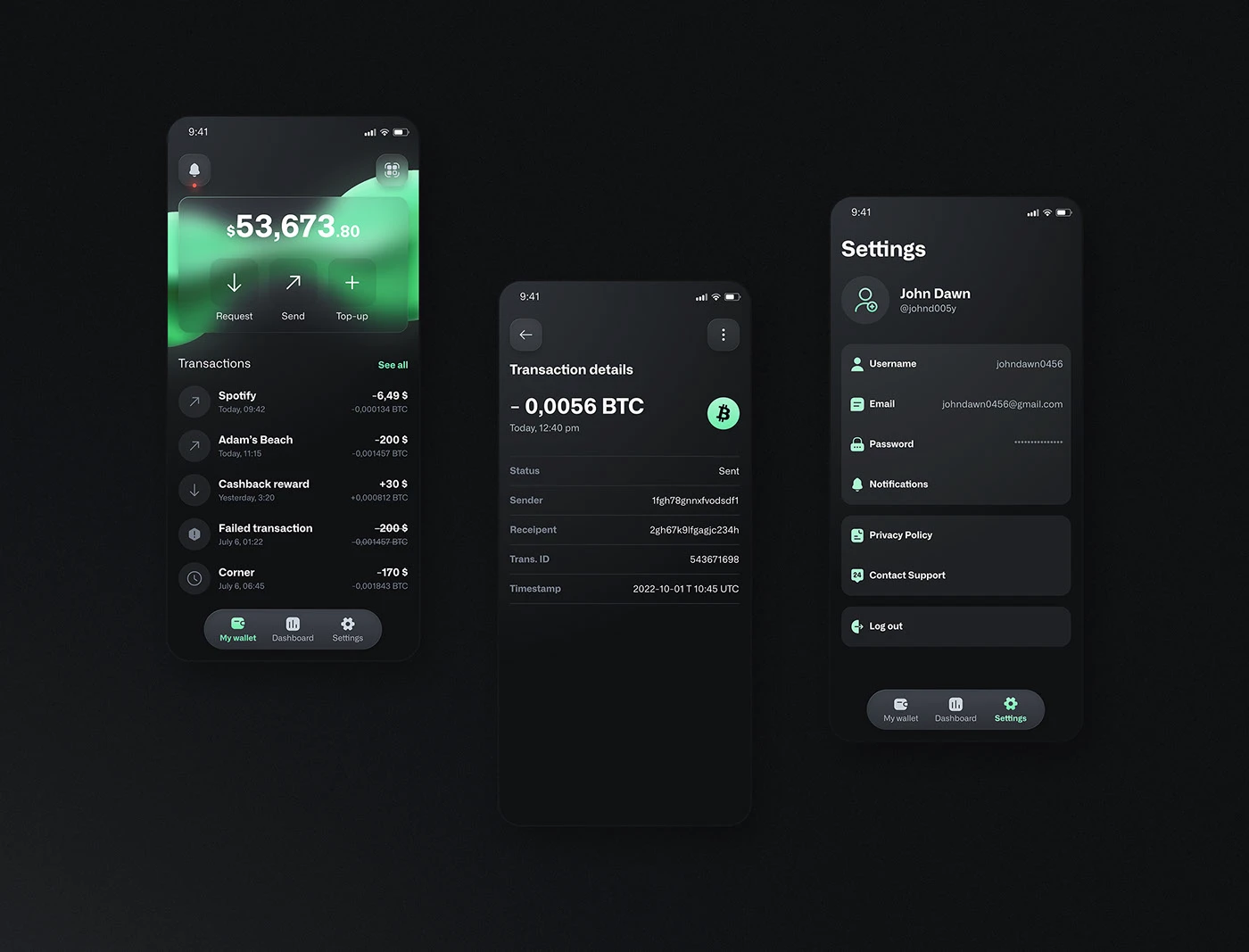 Wallet dashboard, send money and settings screens
