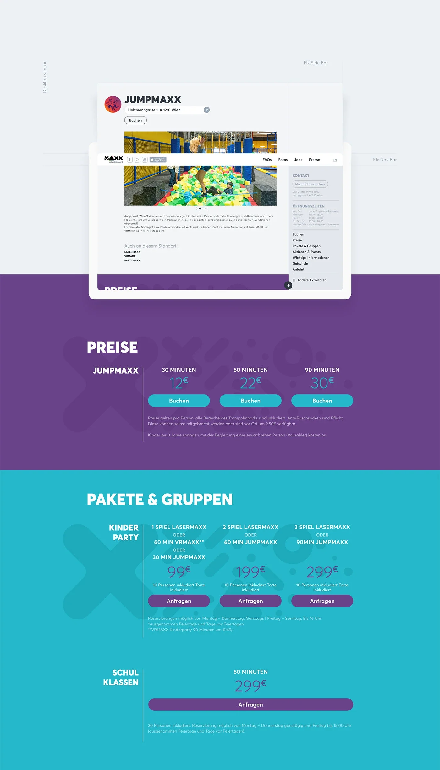 MAXX Entertainment activity page and pricing layouts