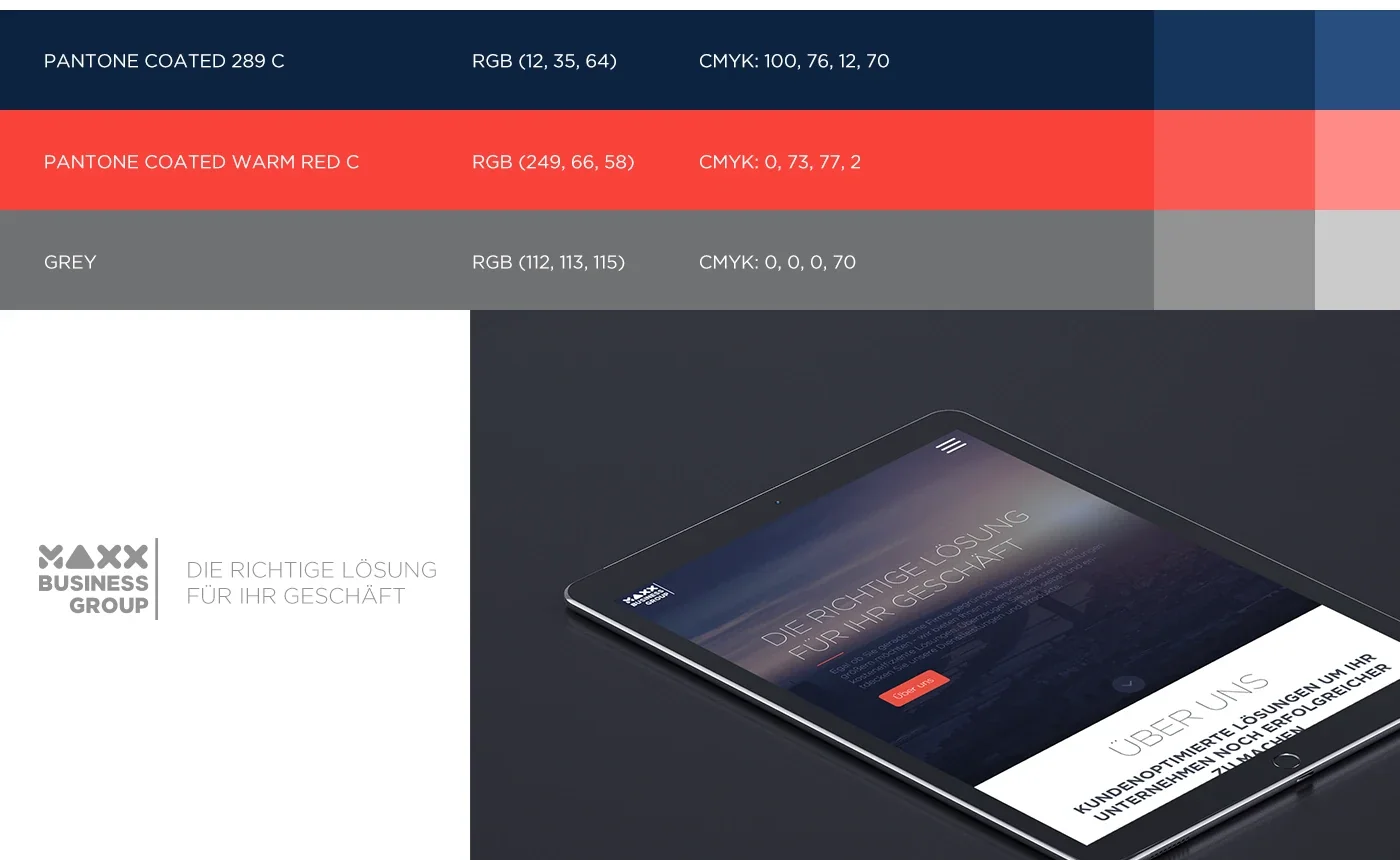 MAXX Business Group colour palette and tablet website