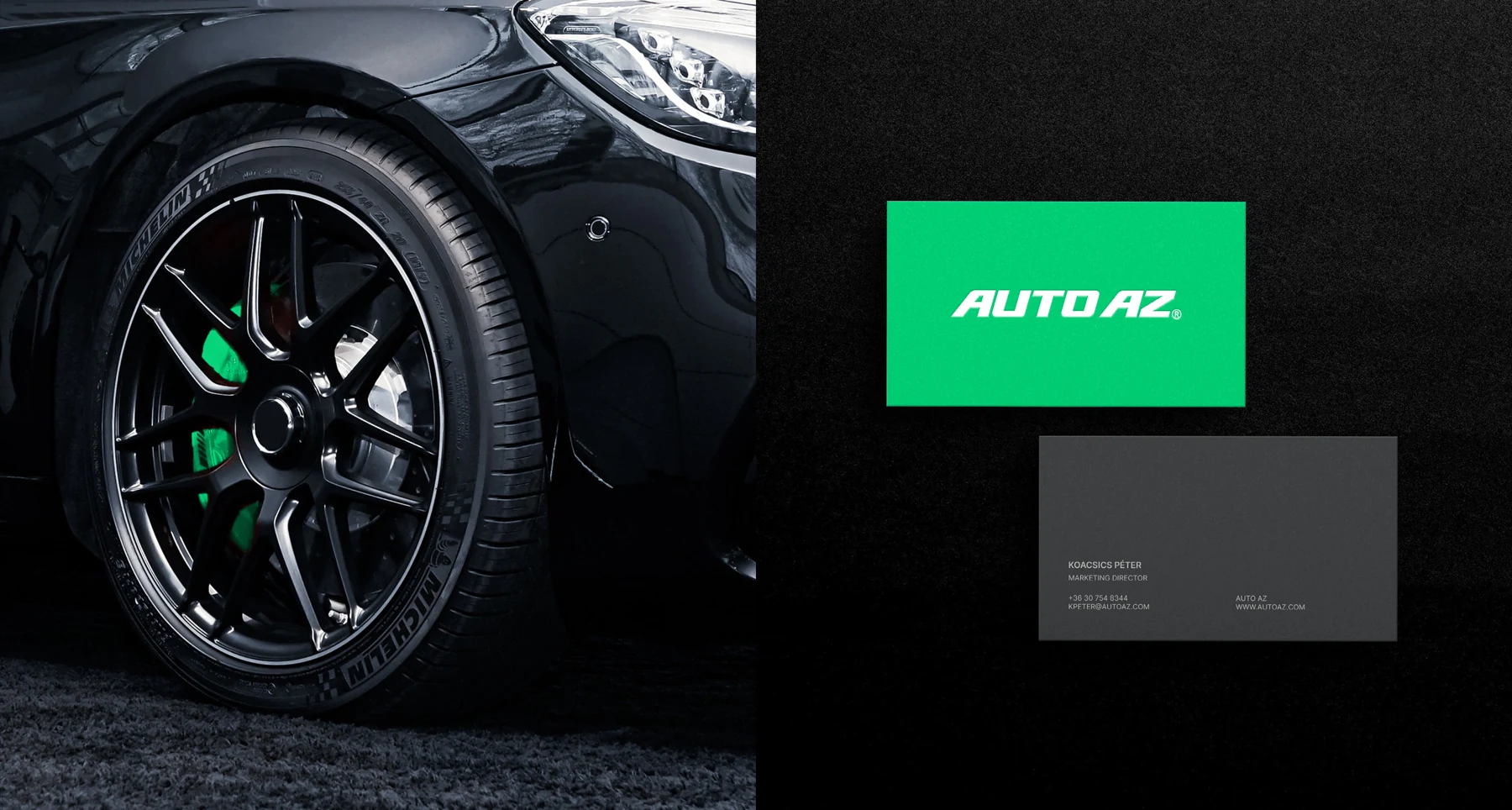 AUTO AZ business cards in green and dark grey beside a car wheel