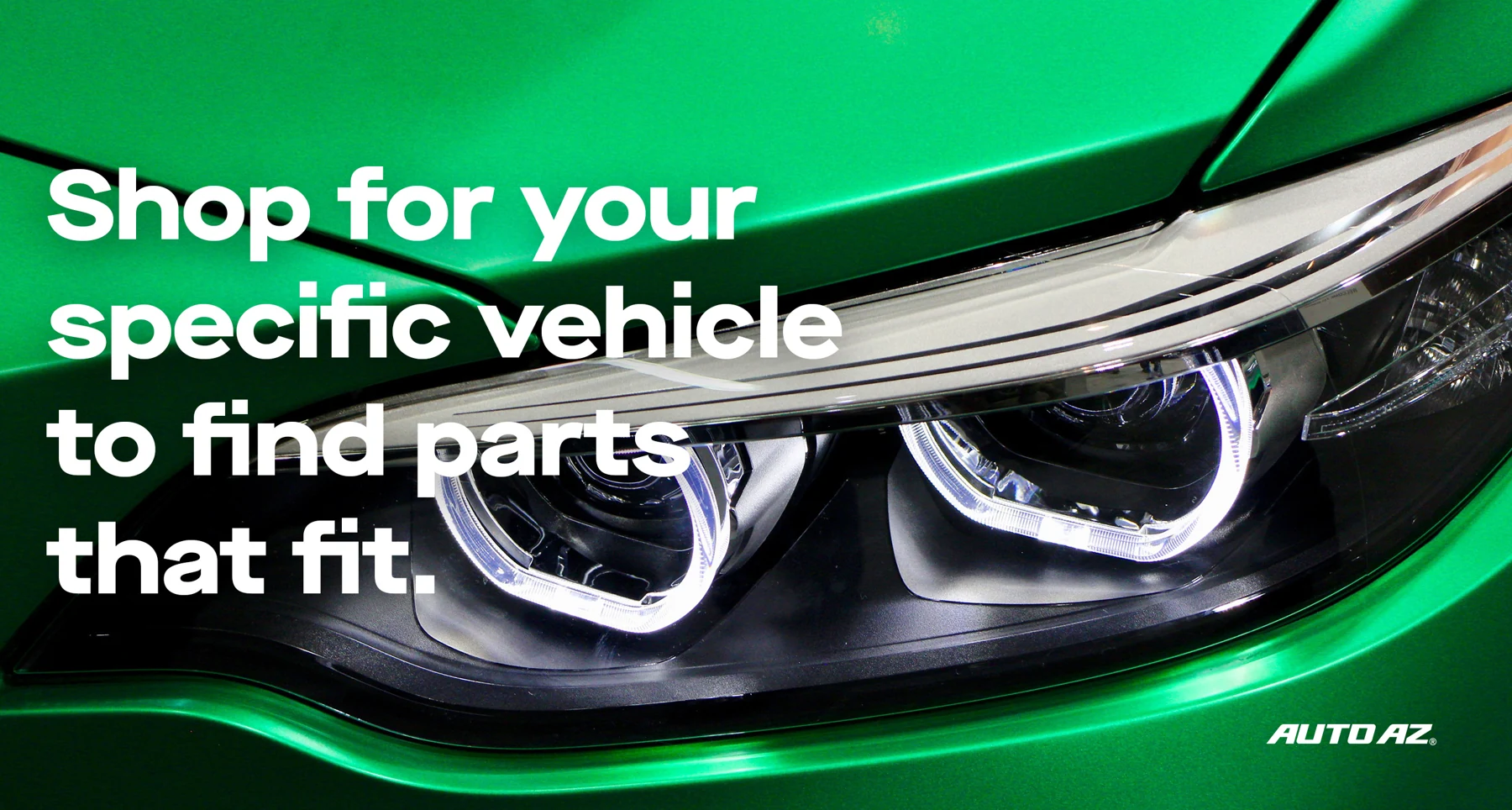AUTO AZ automotive campaign layout with white typography over a green car