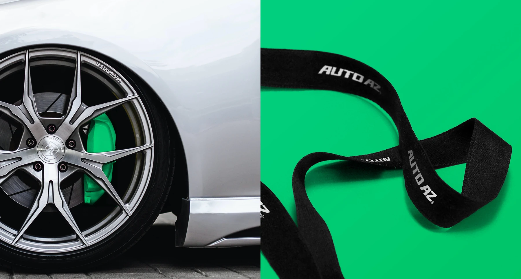 AUTO AZ branded black lanyard on green with automotive photography