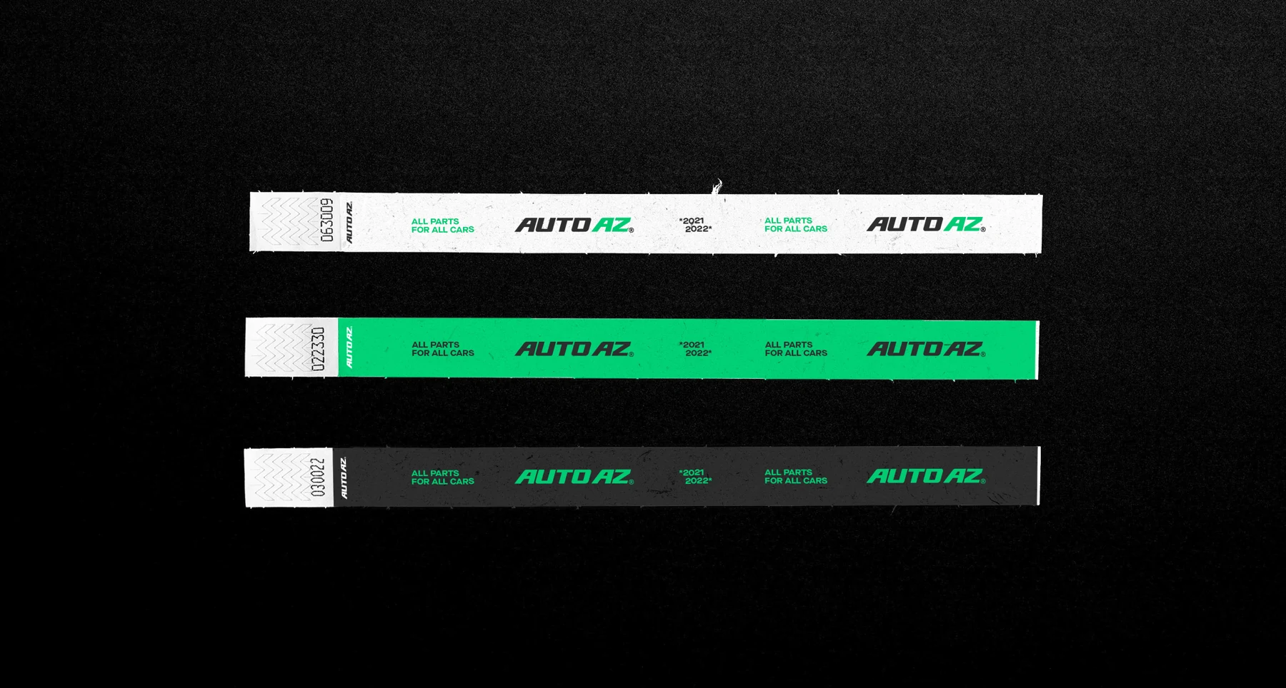 AUTO AZ branded wristband designs in white, green and dark grey