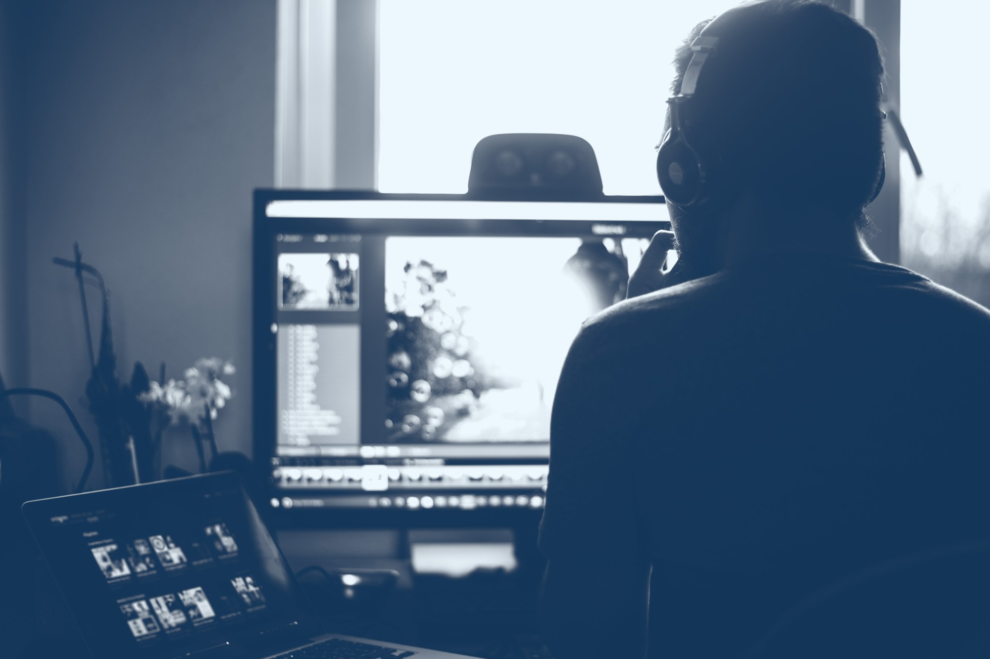 Editing on computer, blue