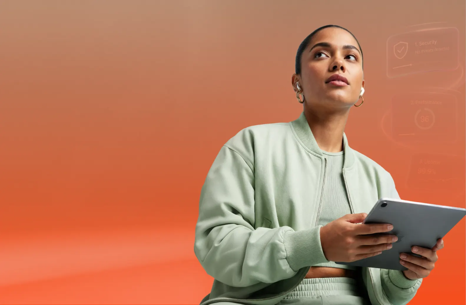 A woman holding a tablet, looking up, beside interface cards for security and performance
