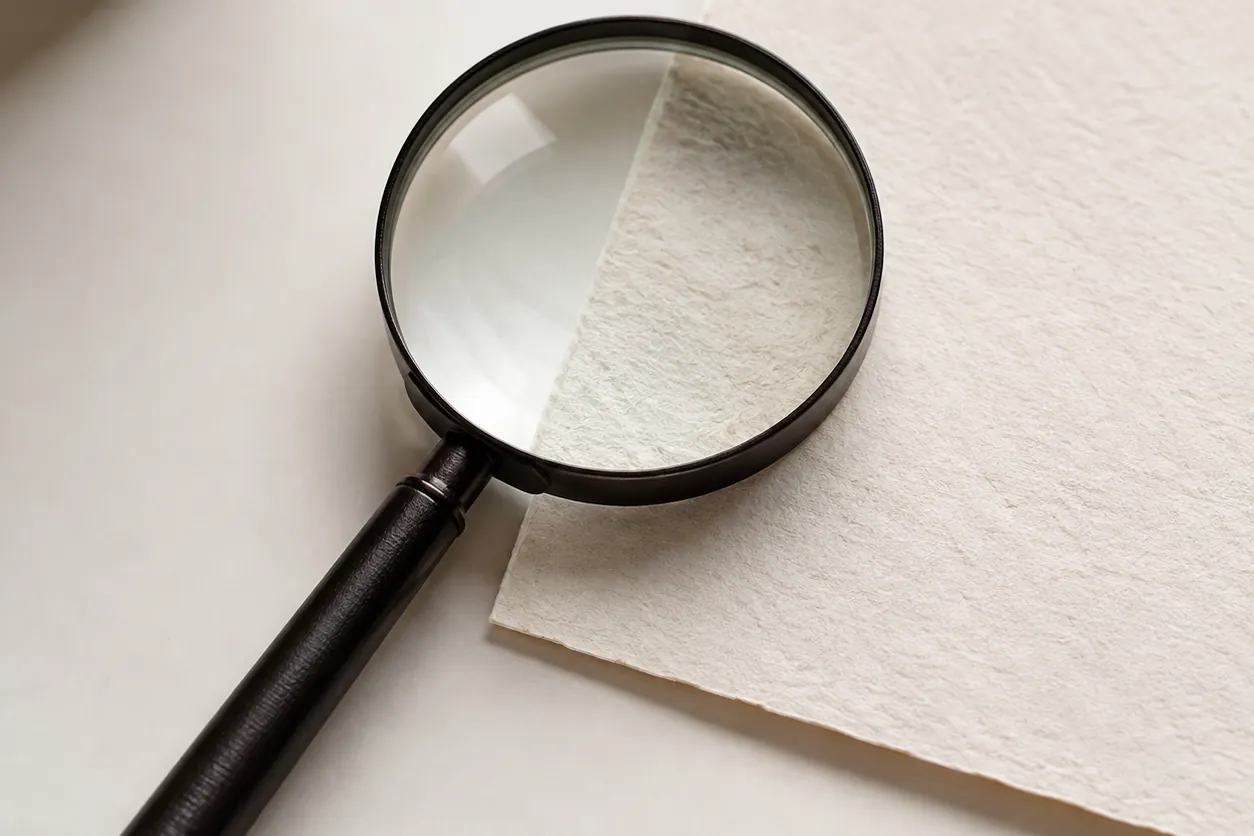 A magnifying glass resting on a sheet of textured paper