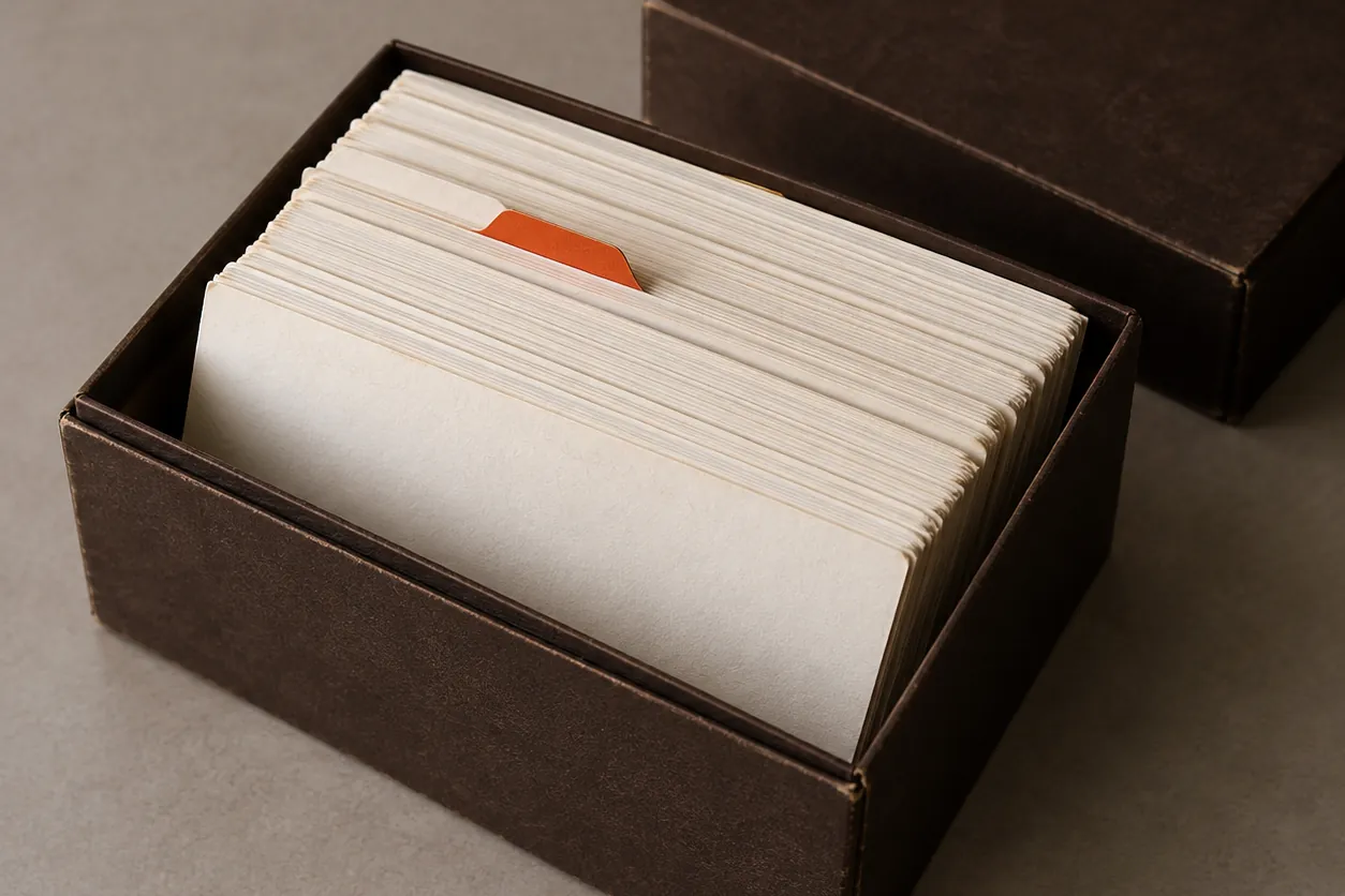 A box of index cards with one orange tab
