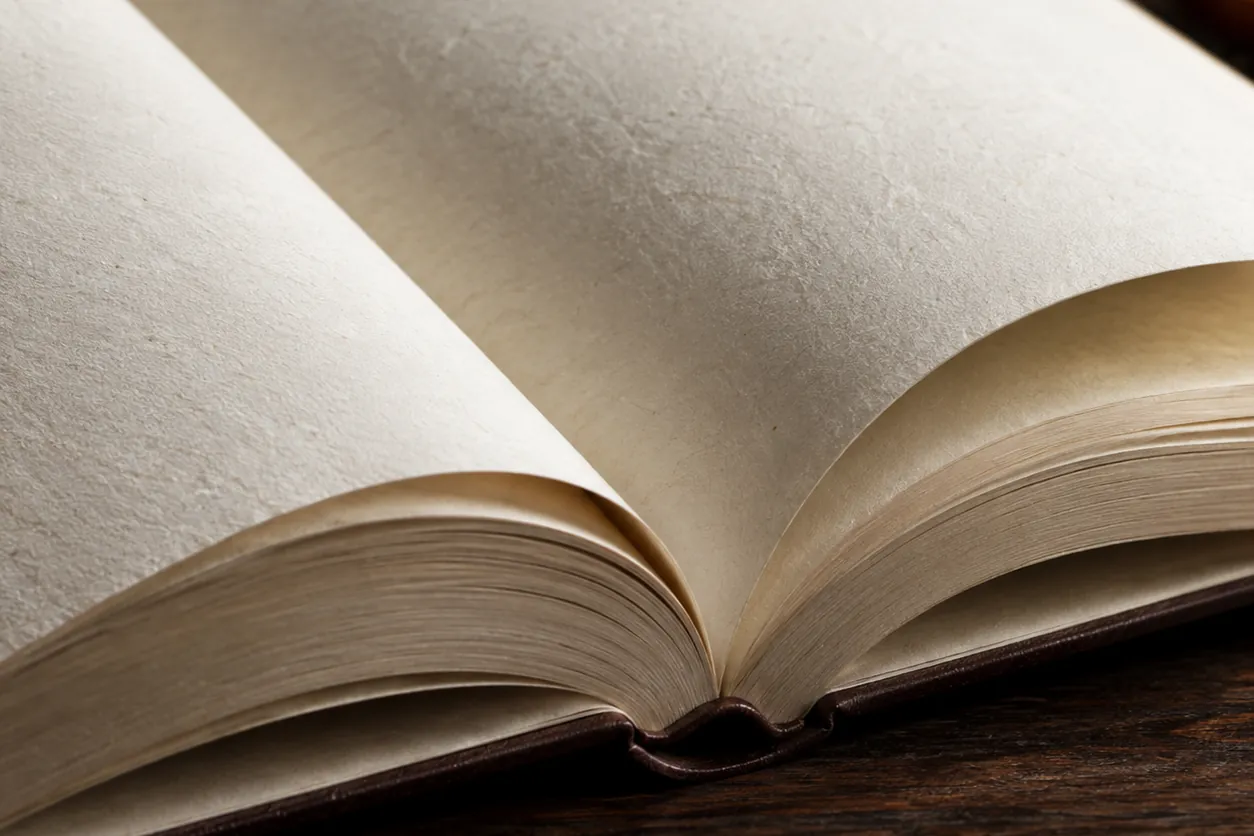 An open book with blank cream pages on a dark surface