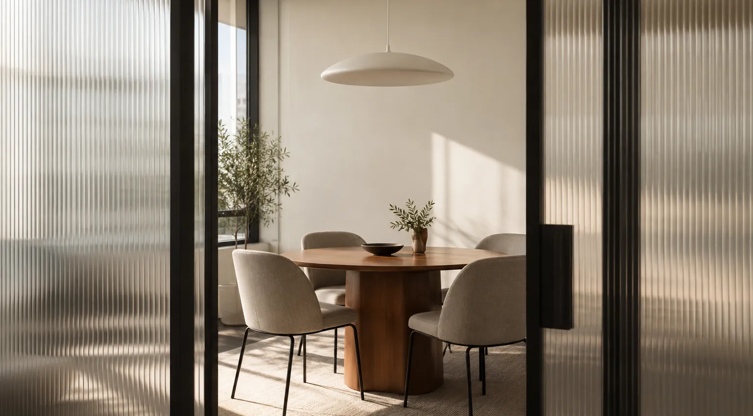 A small meeting room with a round table, seen past a ribbed glass door