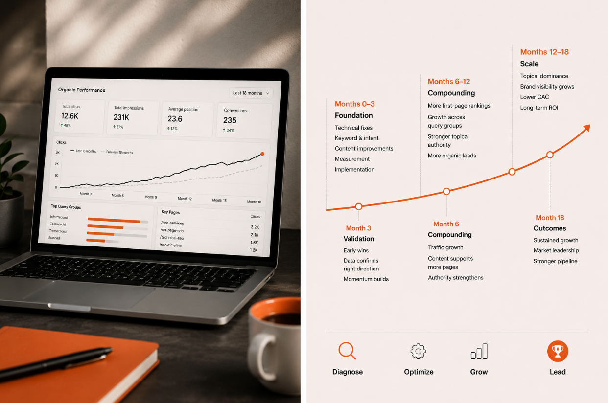 SEO growth timeline showing organic performance increasing from initial technical improvements to sustained traffic, rankings, leads, and long-term growth.