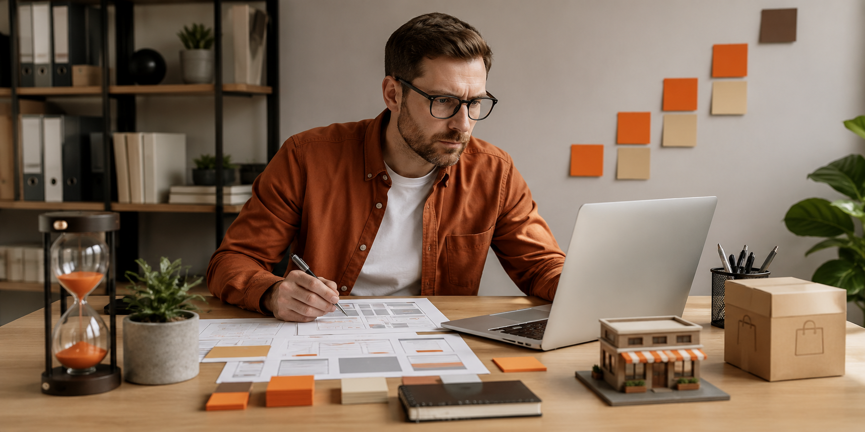 SEO specialist planning a long-term organic search strategy at a desk with an hourglass and website mockups.