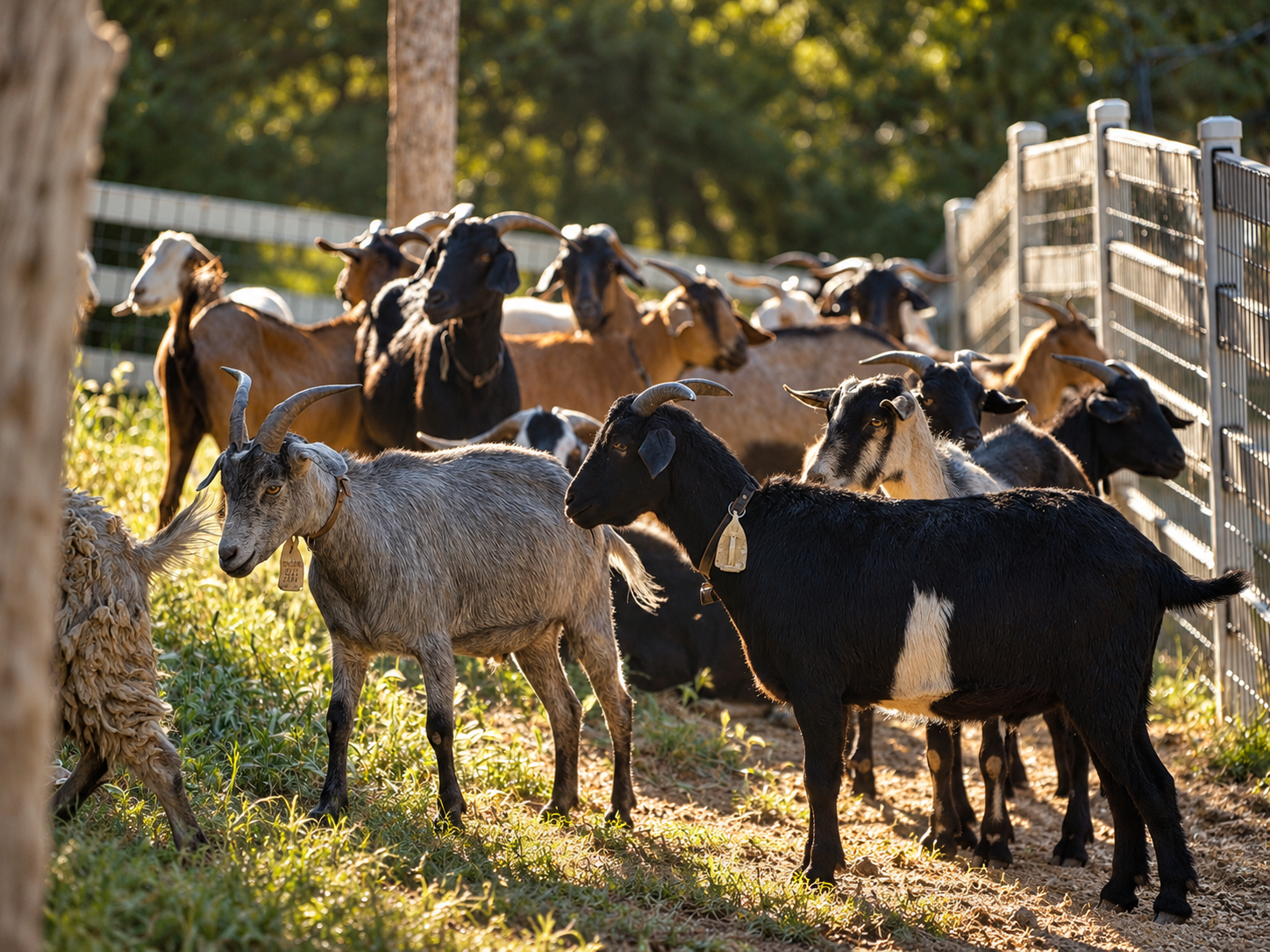 Happy Goat herd grazing a sunlit pasture at golden hour