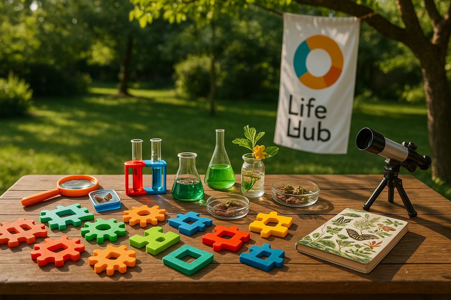 A sunlit backyard with a large wooden table covered in an array of educational tools, including colorful puzzle pieces, science experiment kits, and botanical specimens. The Life Hub by Electus Global Education logo is on a banner hanging from a nearby tree branch, while a small telescope and nature guidebook sit to the side, emphasizing outdoor exploration.